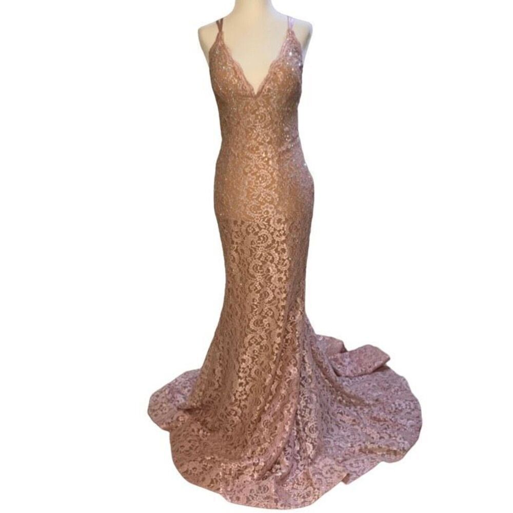 Jovani Blush Pink Embellished Prom Gown Fitted V-Neck Lace Evening Dress 0